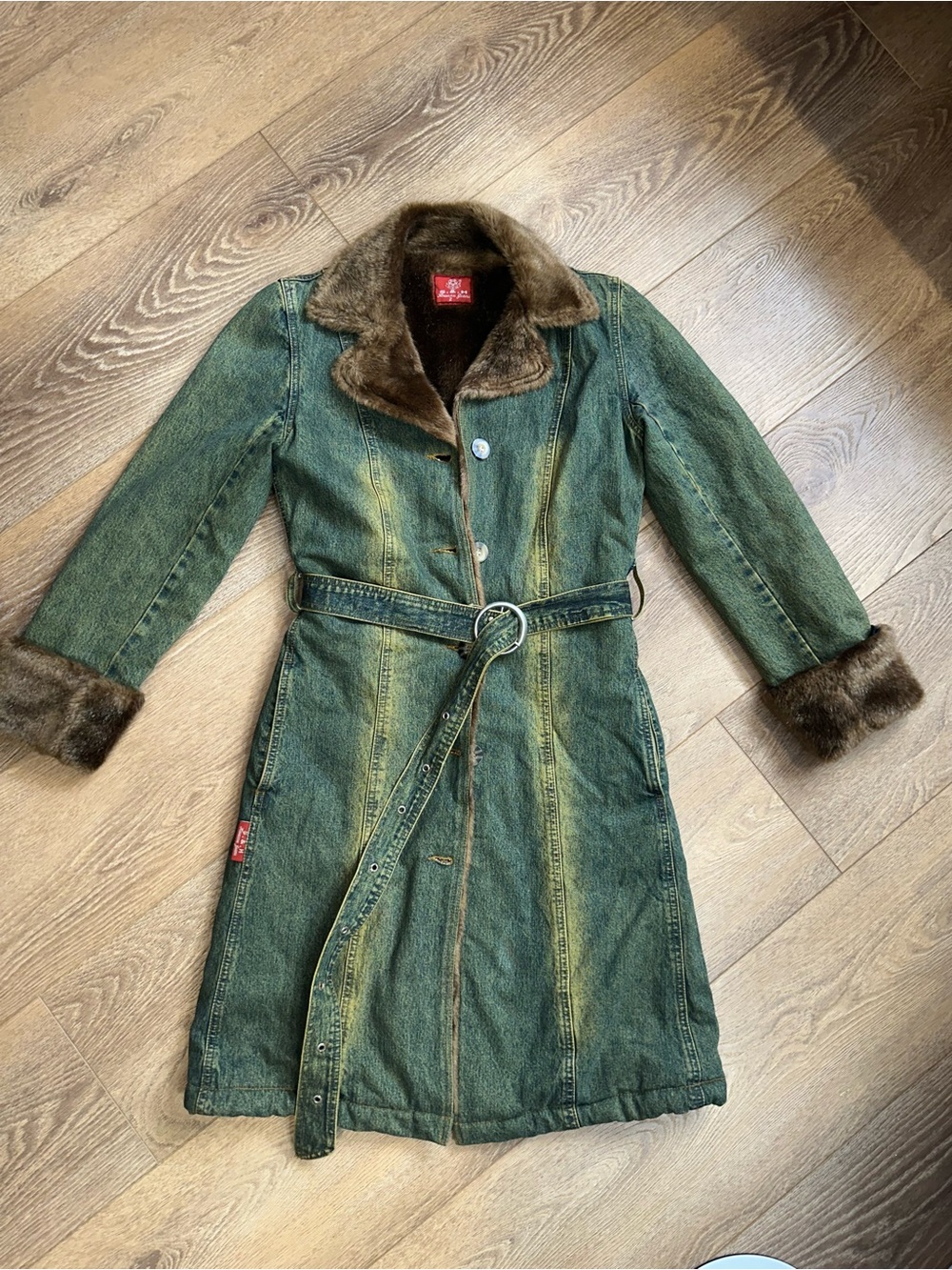 Y2K Green Denim Penny Lane Fur Trench Coat Size 2 / Small